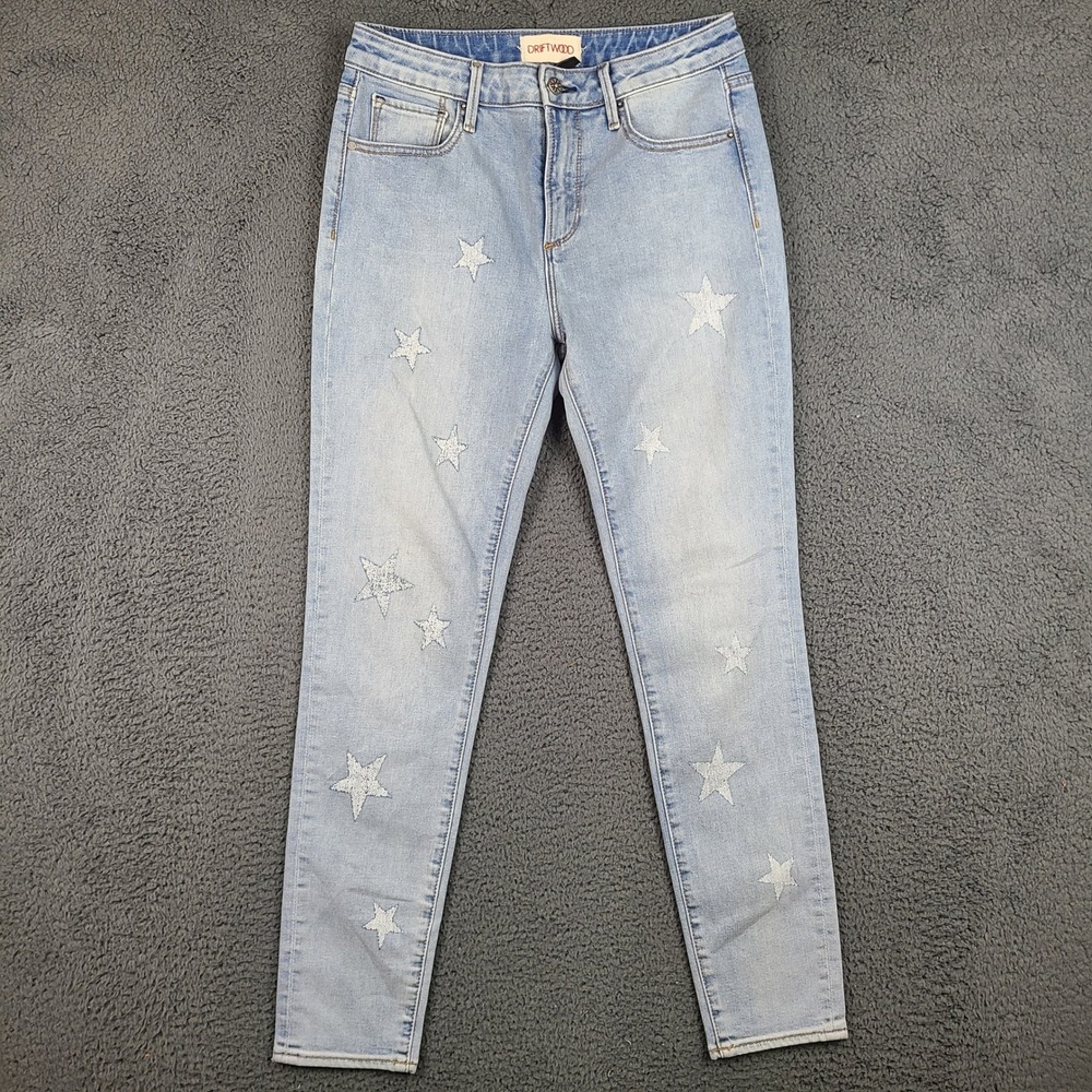Driftwood Jackie High Rise Star Embroidered Skinny Jeans Light Wash Blue 27x28